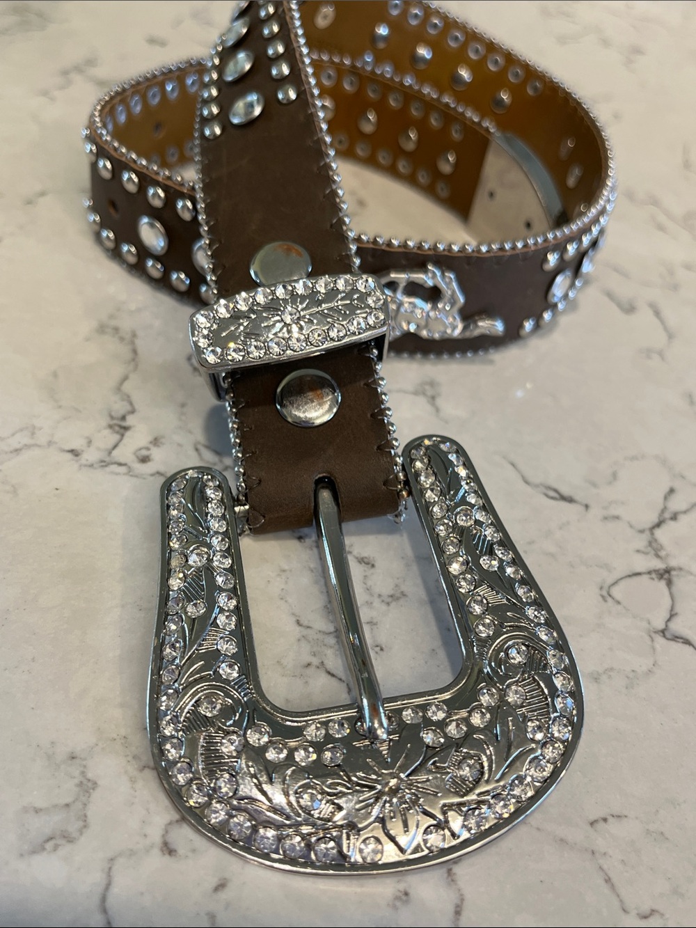 Girls Brown Studded Western Belt with Ornate Silver Buckle